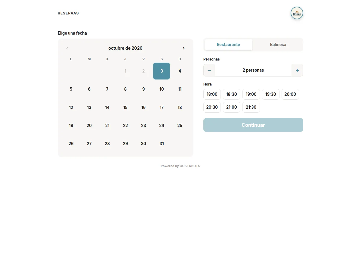 COSTABOTS Widget integrado en la web ficticia de Bruma